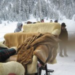 Faux fur blankets and sheepskin on sleigh