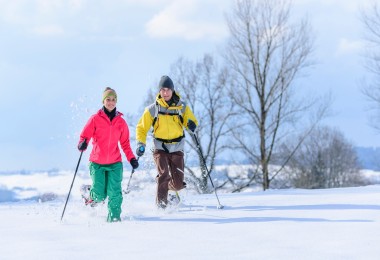 Two snowshoers running in deep snow