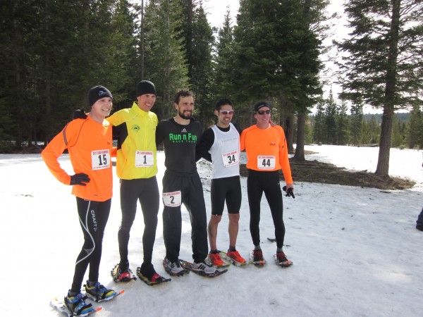The top five senior men's 10K finishers, from left to right:  Cole Crosby, Cortland, New York, finished fourth; Josiah Middaugh, Vail, Colorado, finished first; Eric Hartmark, Duluth, Minnesota, finished second, Mario Mendoza, Bend, Oregon, finished third; and Ryan Phillips, Sturgis, South Dakota, finished fifth.