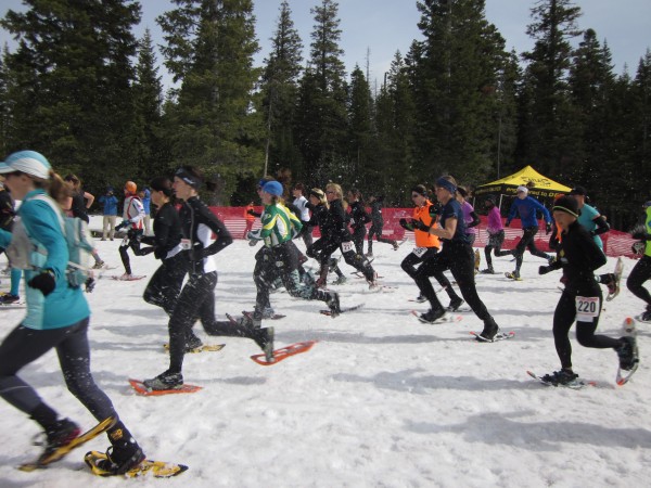 The women racers in the 10K event at the National Snowshoe competition March 16 in Bend, Oregon start the race in a flurry of snow.