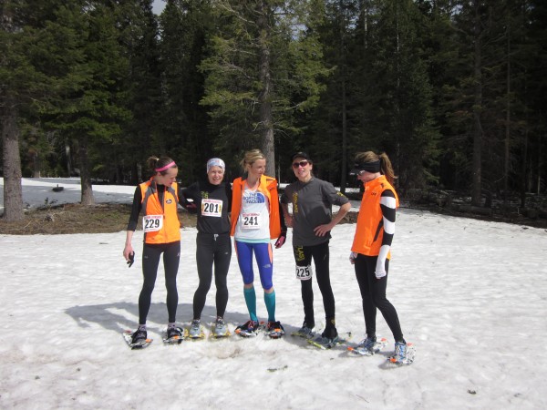 The top five women 10K snowshoe racers and members of the national team from left to right:  Carolyn Stocker, Westfield, Massachusetts  ; Brandy Erholtz, Evergreen, Colorado; Stephanie Howe, Bend, Oregon; Christy Runde, Brush Prairie, Washington; Dolores Bergmann, Chester, California.