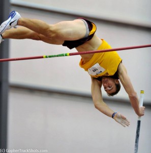 Jack Szmanda (photo) and Leslie Brost become 1st TCTC athletes to compete in field events: pole vault. Szmanda also raced 60m hurdles and shot.