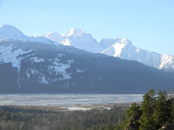 View of Chilkat River Valley and Cathedral Peaks