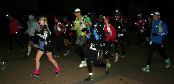 And the 100K runners are off for their last encounter with the Gnarly Bandit this year (Photo by Paige Reeves)